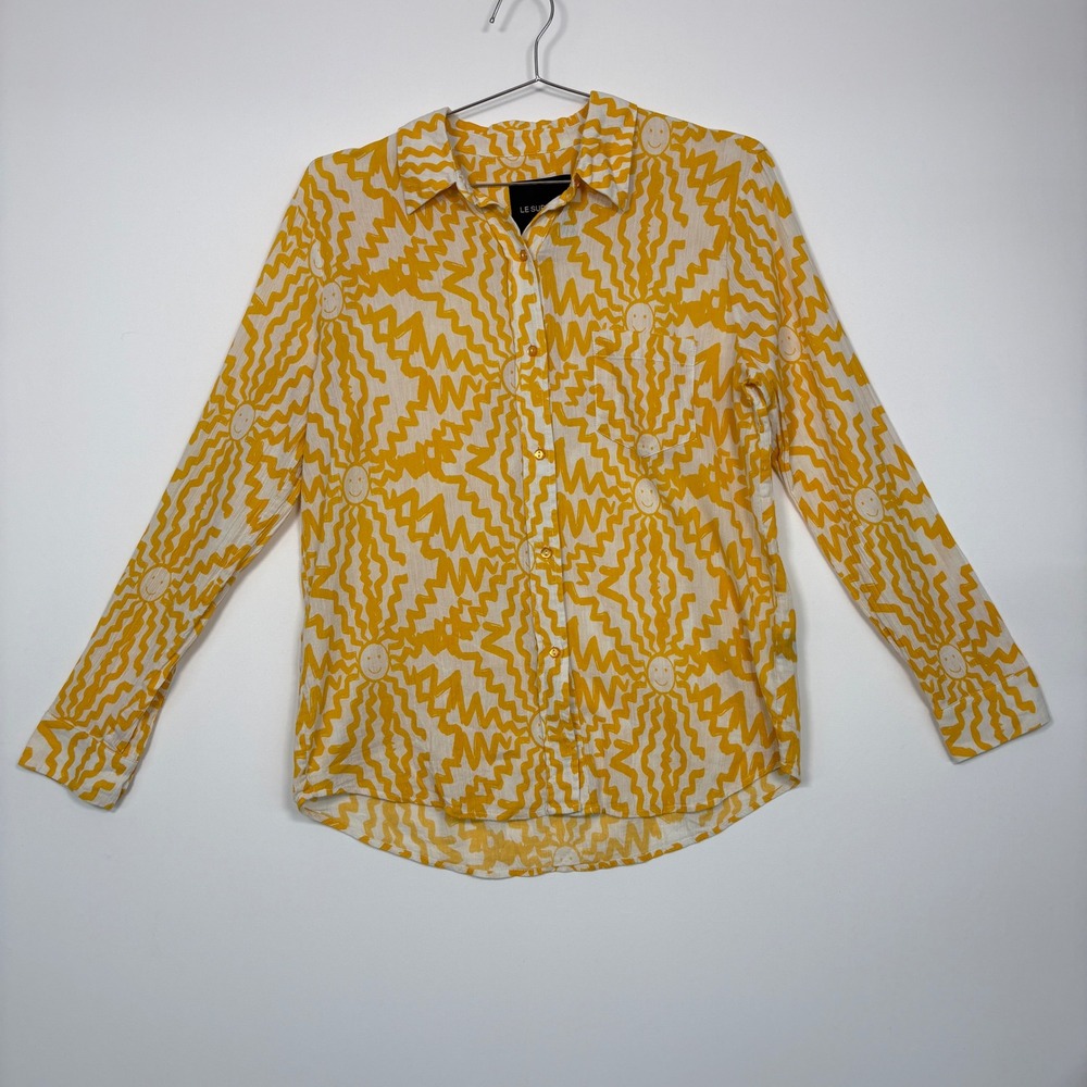 Le Superbe Womens Button Down Shirt 10 Yellow Sun Smiley Face Cotton Gauze Boho